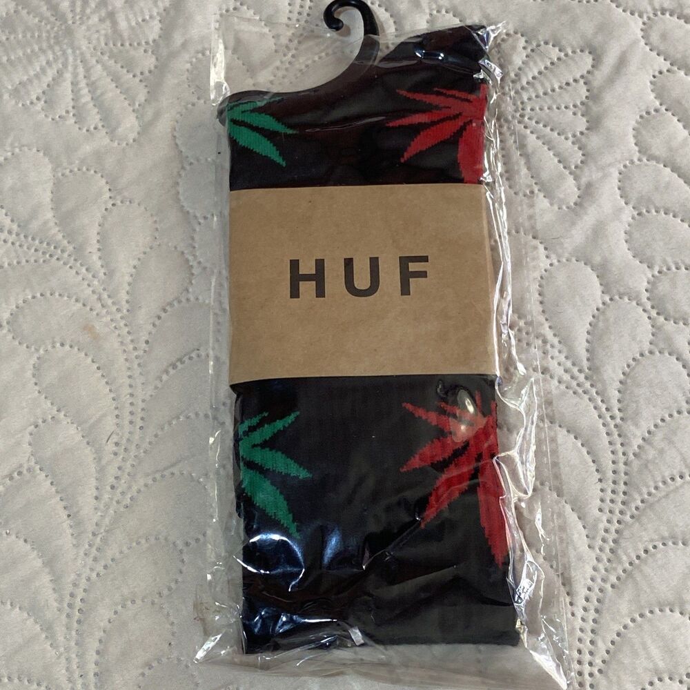 HUF Socks Plant Life Crew Socks Black With Red & Green Leaves One Size Cannabis